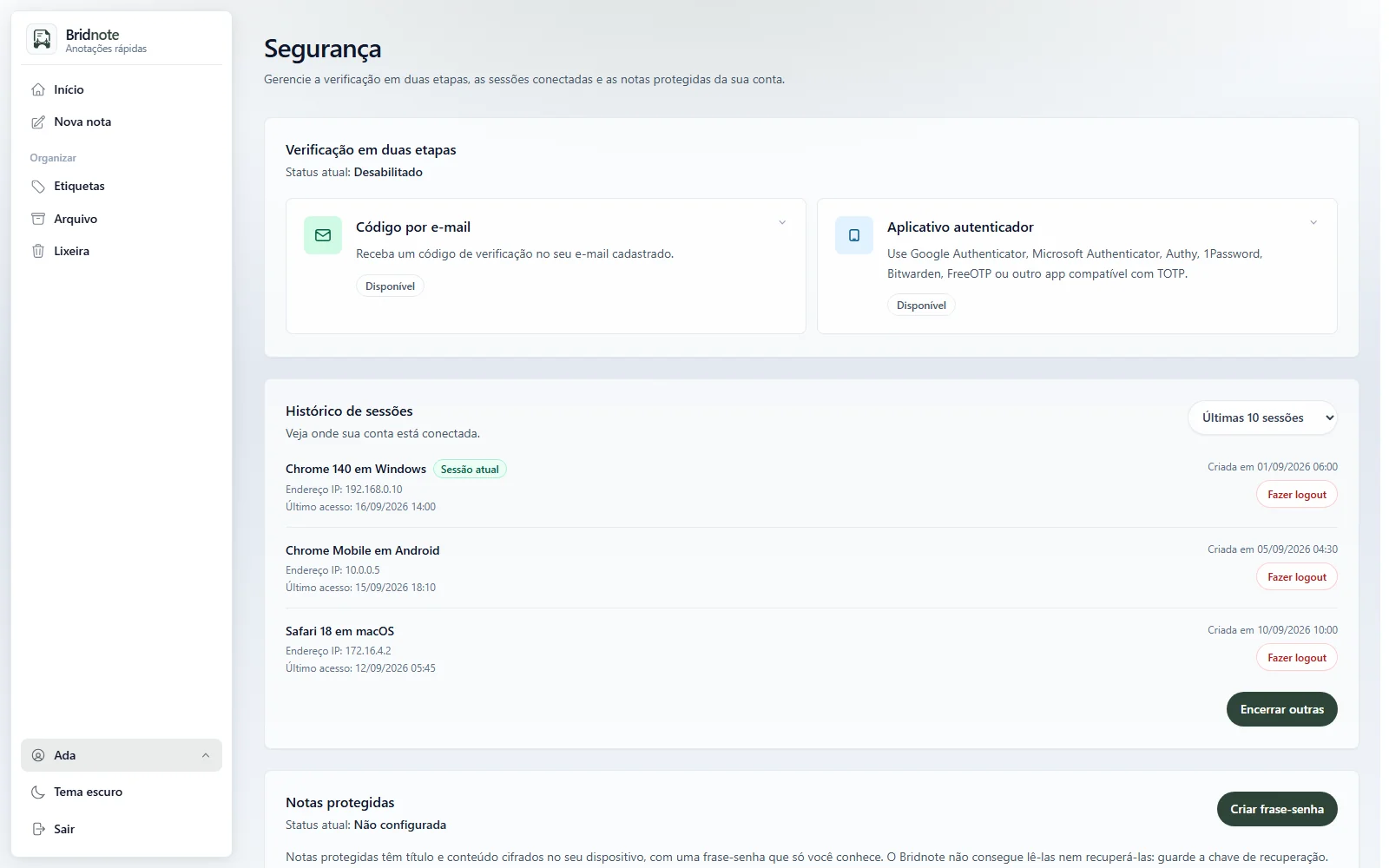 Security page with two-step verification, sessions and protected notes