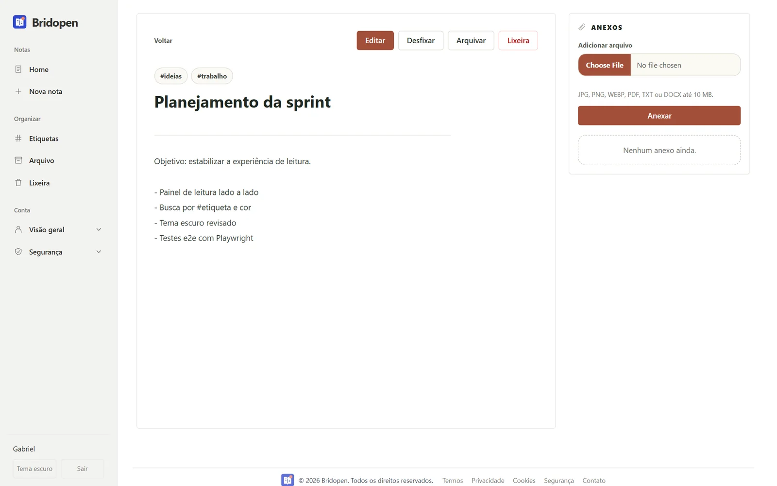 Open note with pin, archive and trash actions