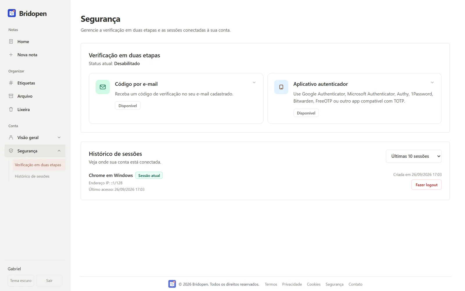 Security page with two-step verification and session history