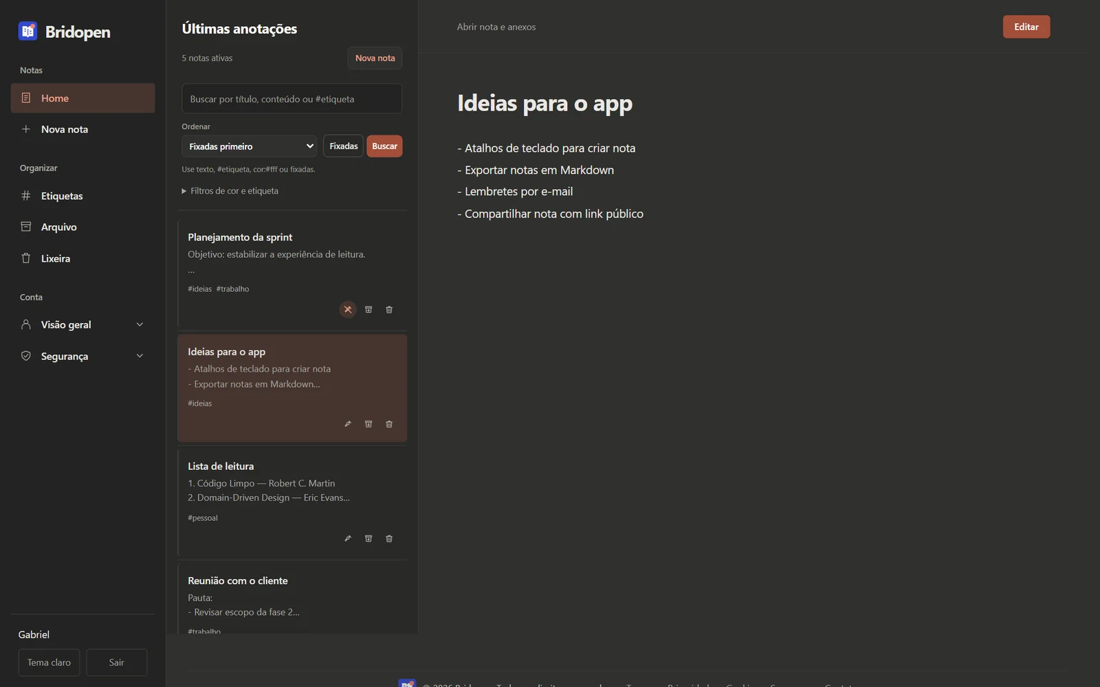 Home in dark theme