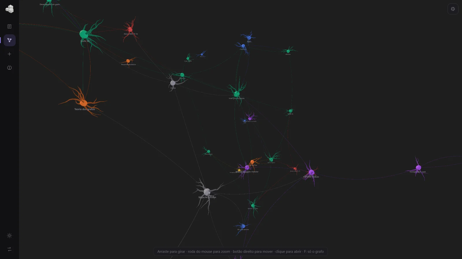 The 3D graph in the dark theme, with notes drawn as coloured neurons joined by fibres